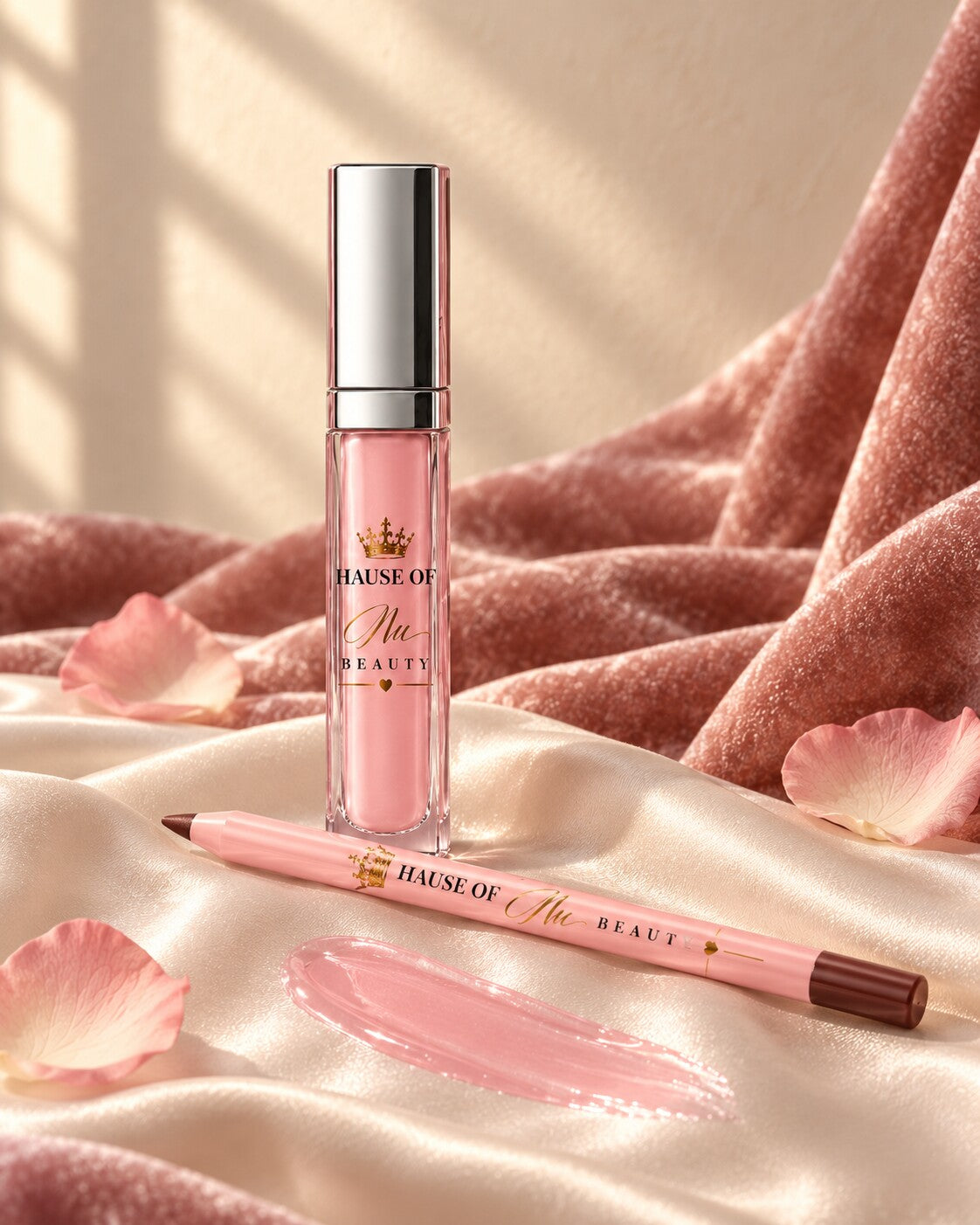 Her Lip Gloss in Pink, with a swatch of the shade on ivory satin