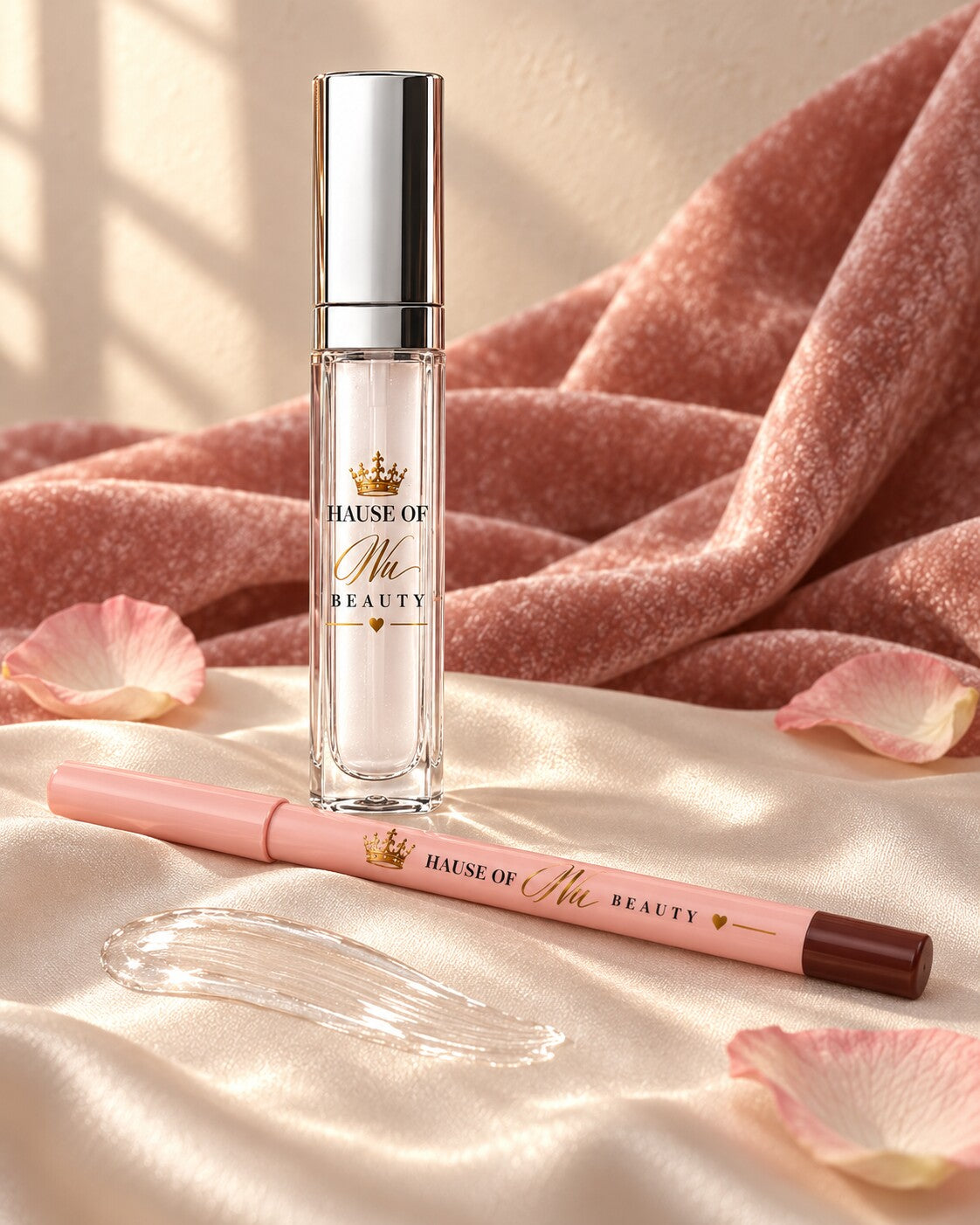Her Lip Gloss in Clear, with a swatch of the shade on ivory satin