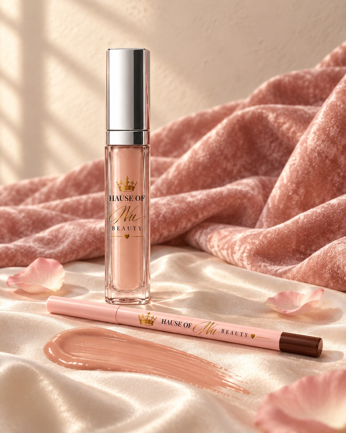 Her Lip Gloss in Nude, with a swatch of the shade on ivory satin